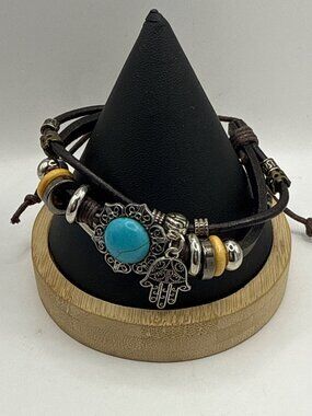 Boho Turquoise Hamsa Hand Leather Wrap Bracelet Tribal Western Hippie Stacked